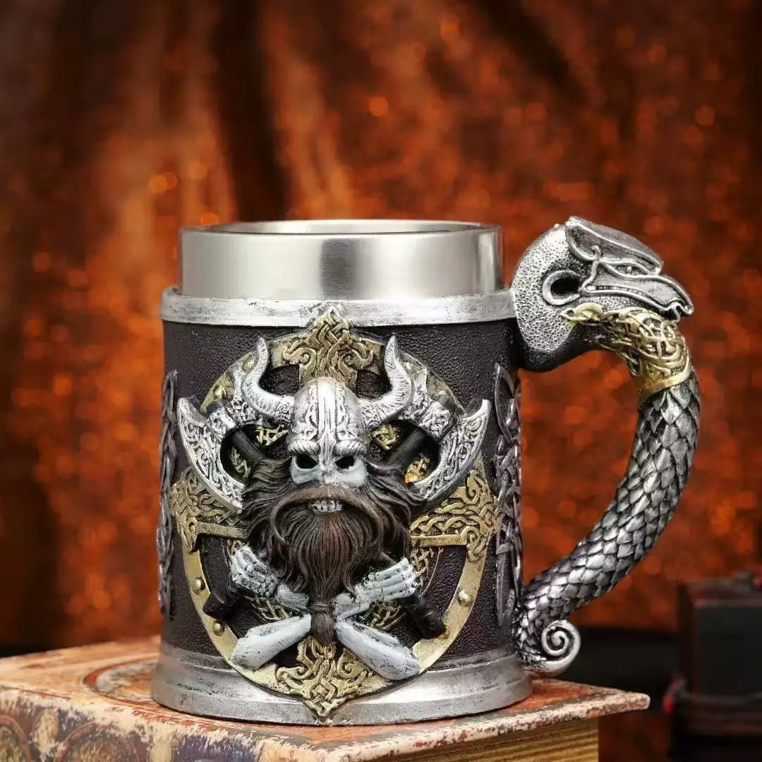 Viking Dragon Head Medieval Nordic Style 3D Resin Stainless Steel Beer Mug Home Desk Decoration Collectible Gift For Men