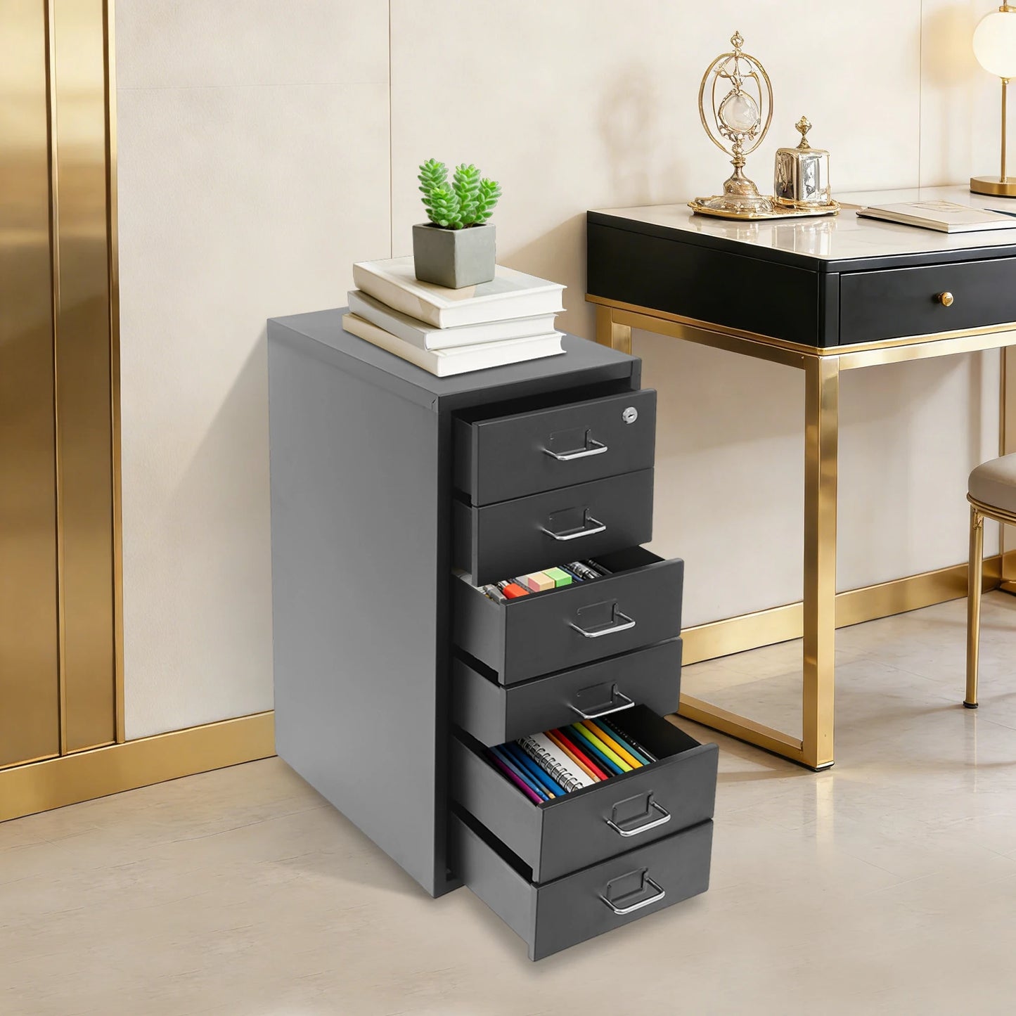 Vertical File Cabinet 6-Drawer Metal Lockable Filing Cabinet with Wheels 22lbs Capacity per Tier for Home Office Study