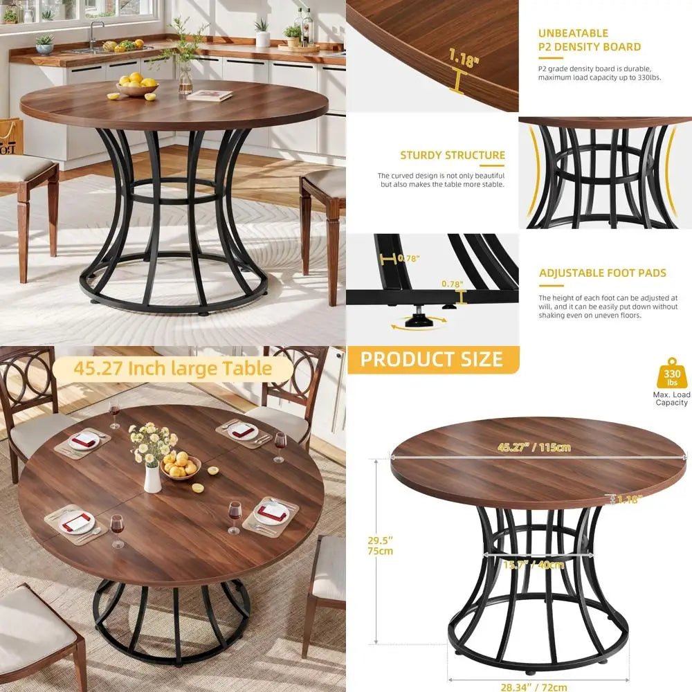 Farmhouse Round Dining Table With Heavy Duty Metal Base