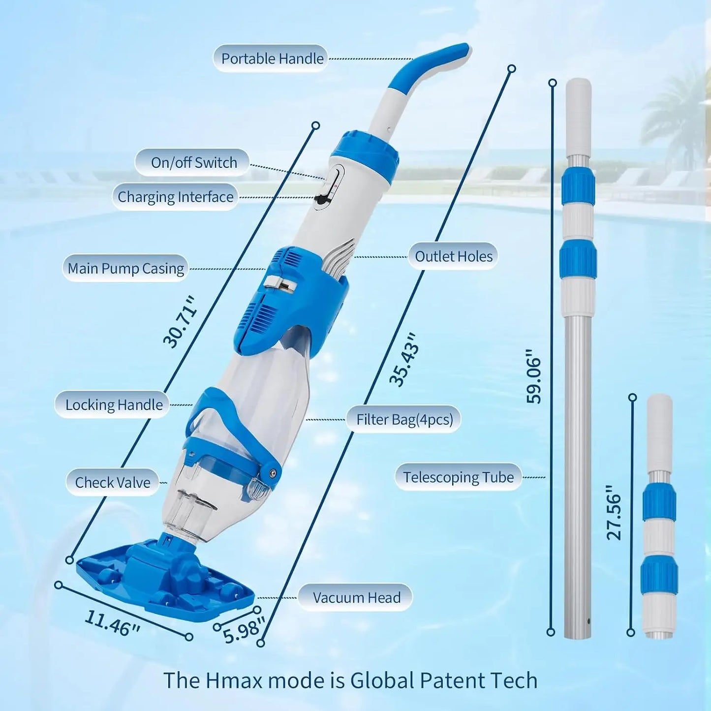 Tacleekii Handheld Pool Vacuum 19.8GPM Rechargeable Cleaner for Hot Tubs Corrosion Resistant Housing Rechargeable Battery IPX8 Waterproof with LED Dual Speed Suction