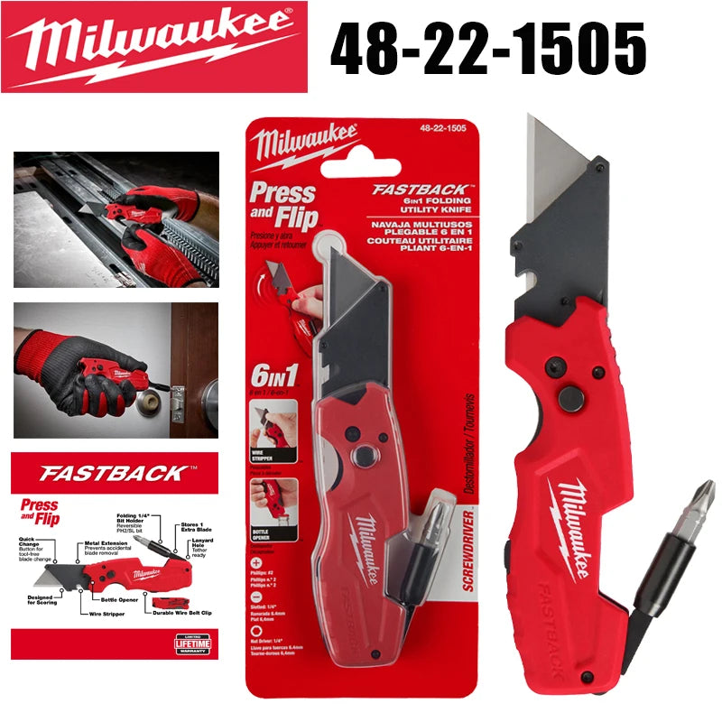Milwaukee 48-22-1505 FASTBACK 6-in-1 Utility Knife Multi-Tool with Screwdriver Wire Stripper & Bottle Opener