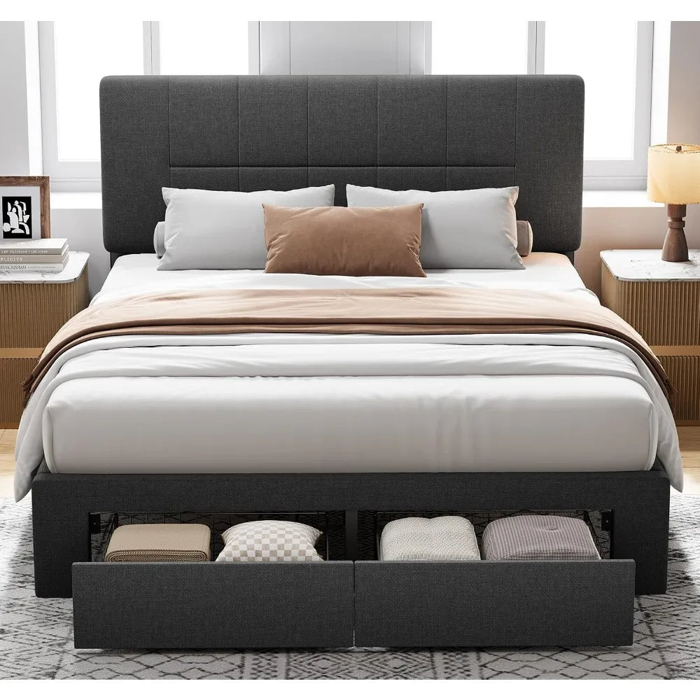 Full Size Solid Wood Platform Bed Upholstered Headboard 2 Storage Drawers 12 Sturdy Legs Fit 6"+ Mattress, Custom