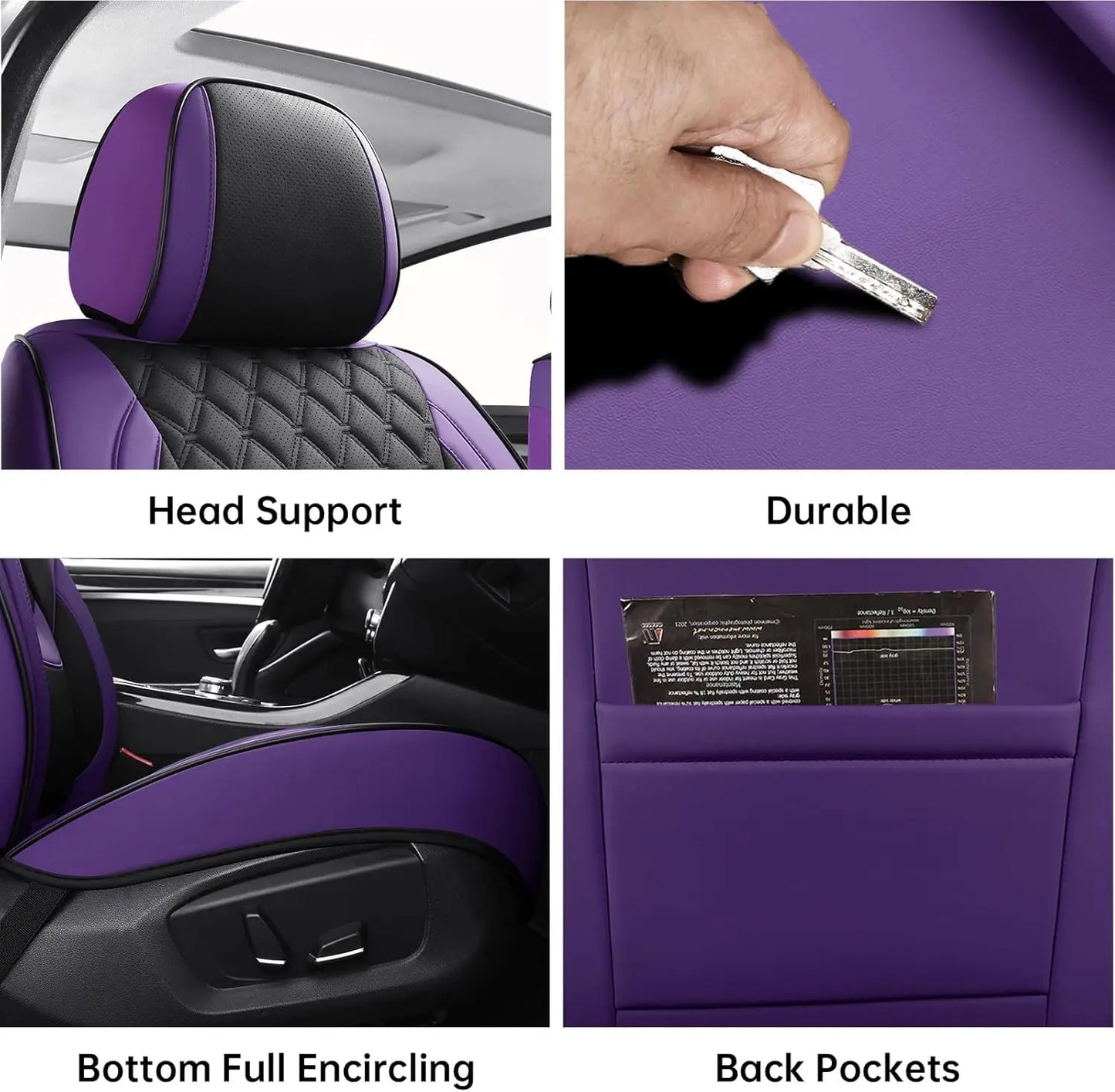 Universal Car Seat Covers Set, Purple Black Faux Leather Waterproof Non-Slip Protector for Most Vehicles