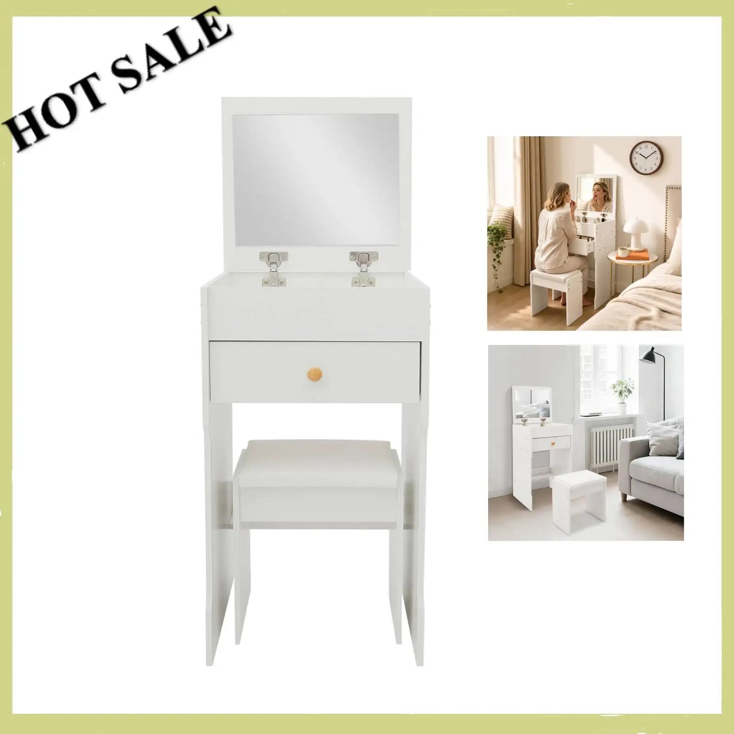 Vanity Dressing Table with Mirror and Stool 15.8" White Compact Storage Desk for Bedroom Dormitory Studio Apartment
