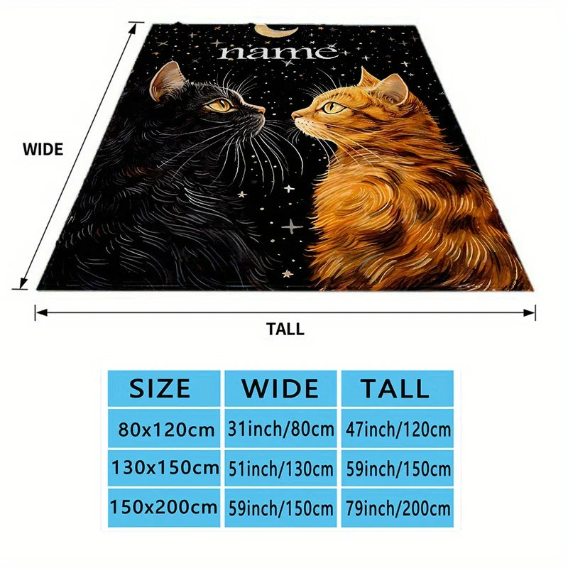 A personalized polyester flannel blanket with customizable names, featuring black and orange cats, thick weaving, all season sof