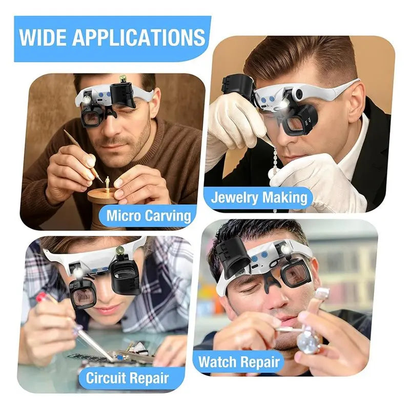 ABUP-Jewelers Magnifying Glass For Close Work, Glasses With Light& 5 Interchangeable Lens Pairs(2X 4X 6X 10X 13X), Includes Head