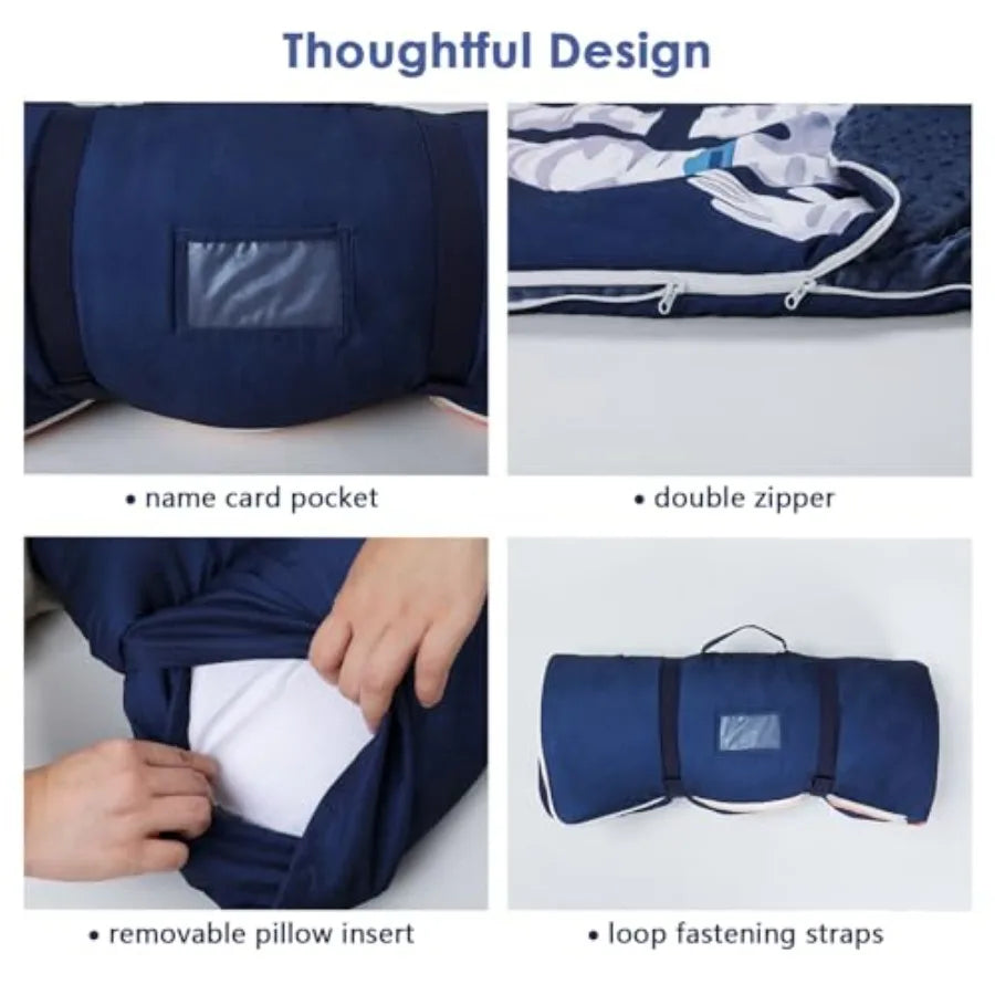 Sleeping Bag Toddler Nap Mat with Removable Pillow Large Foldable Sleeping Bag for Girls Boys Easy Clean Slumber Bag with Doubl