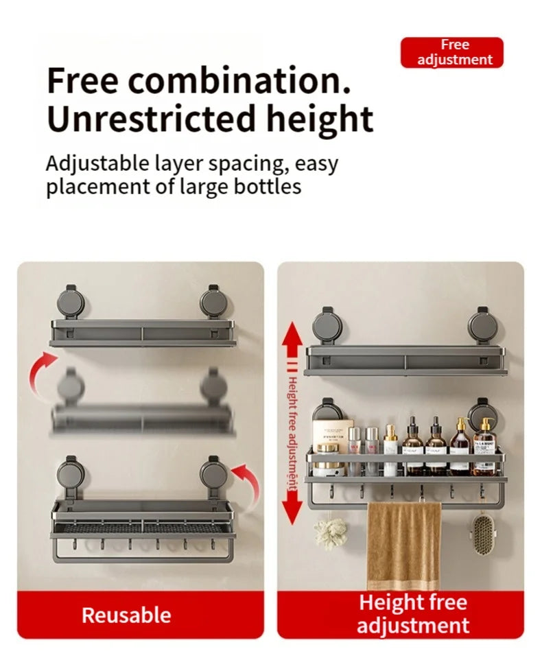 No Drill Suction Cup Suction Bathroom Rack Bathroom Shelf Toilet Space Aluminum Hanging Rack Bathroom Organizer Hang On The Wall