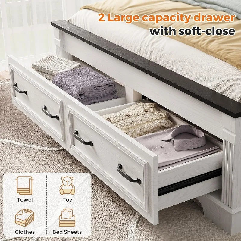 Farmhouse Queen Bed Frame 51" Headboard 2 Storage Drawers Roman Footboard | koorlian Platform Bed Large Wooden