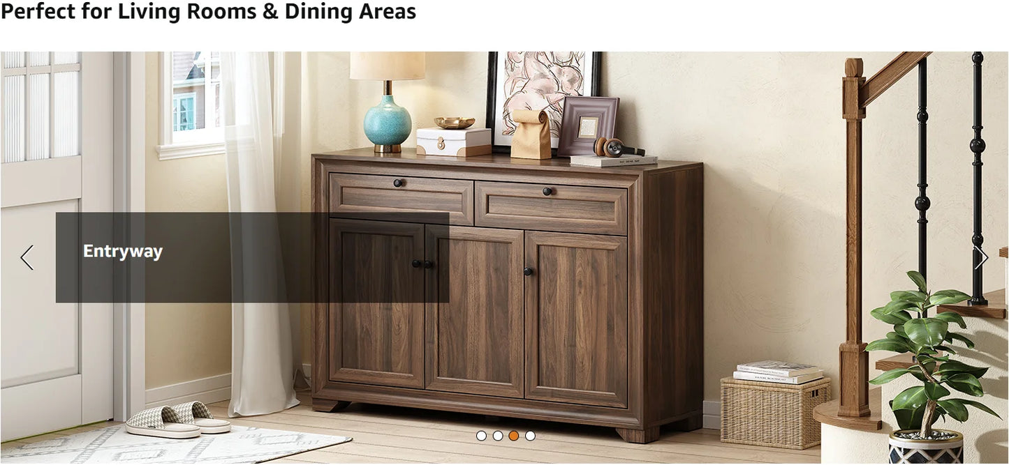 48" Sideboard Storage Cabinet with 2 Drawers + 3 Doors | Wood Coffee Bar Cabinet, Buffet Table Adjustable Shelves Farmhouse Style for Home Kitchen Living Room