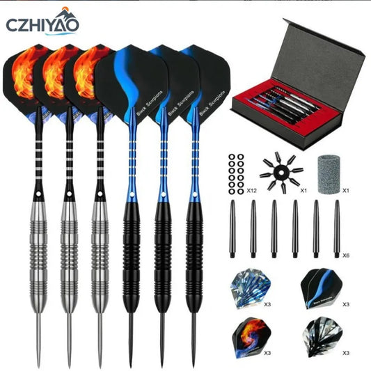 CZHIYAO Steel Darts Set, Professional Darts Tip,4 Style Poly Flights,Dart Sharpener,Rubber Rings,Flight Protector,with Gift Box