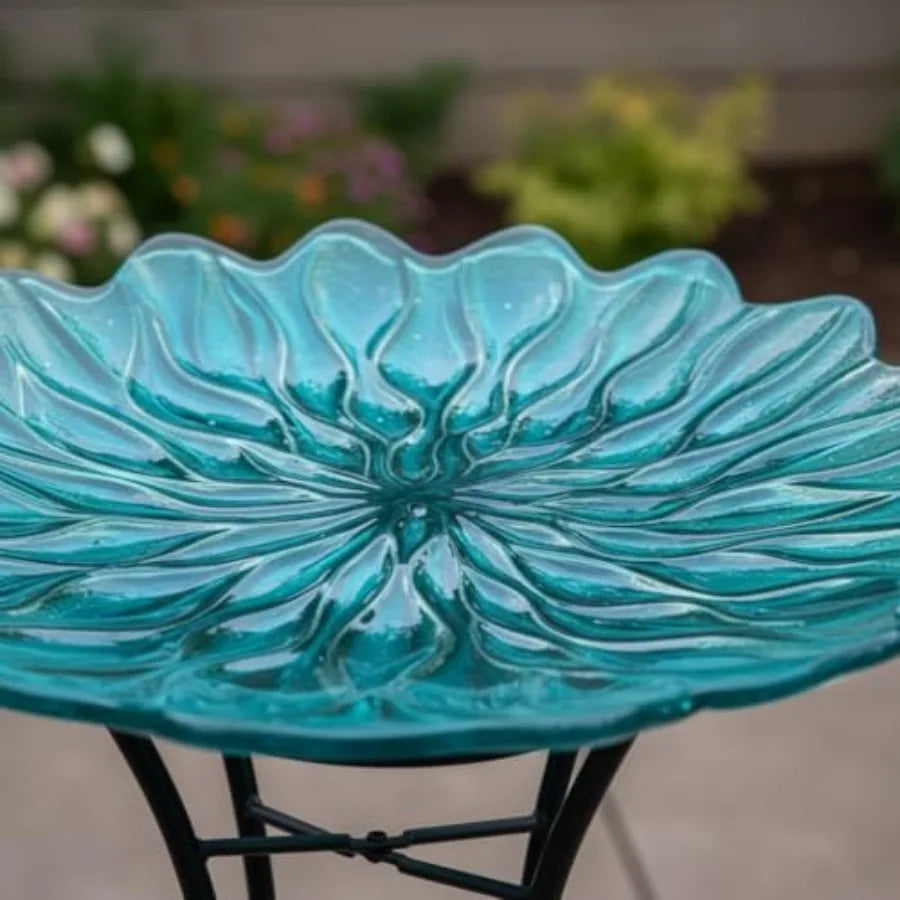 Bird Bath for Outside15" Diameter Large Glass Birdbaths for Outdoors Detachable Bird Baths Bowl with Metal Stand for Garden Pat