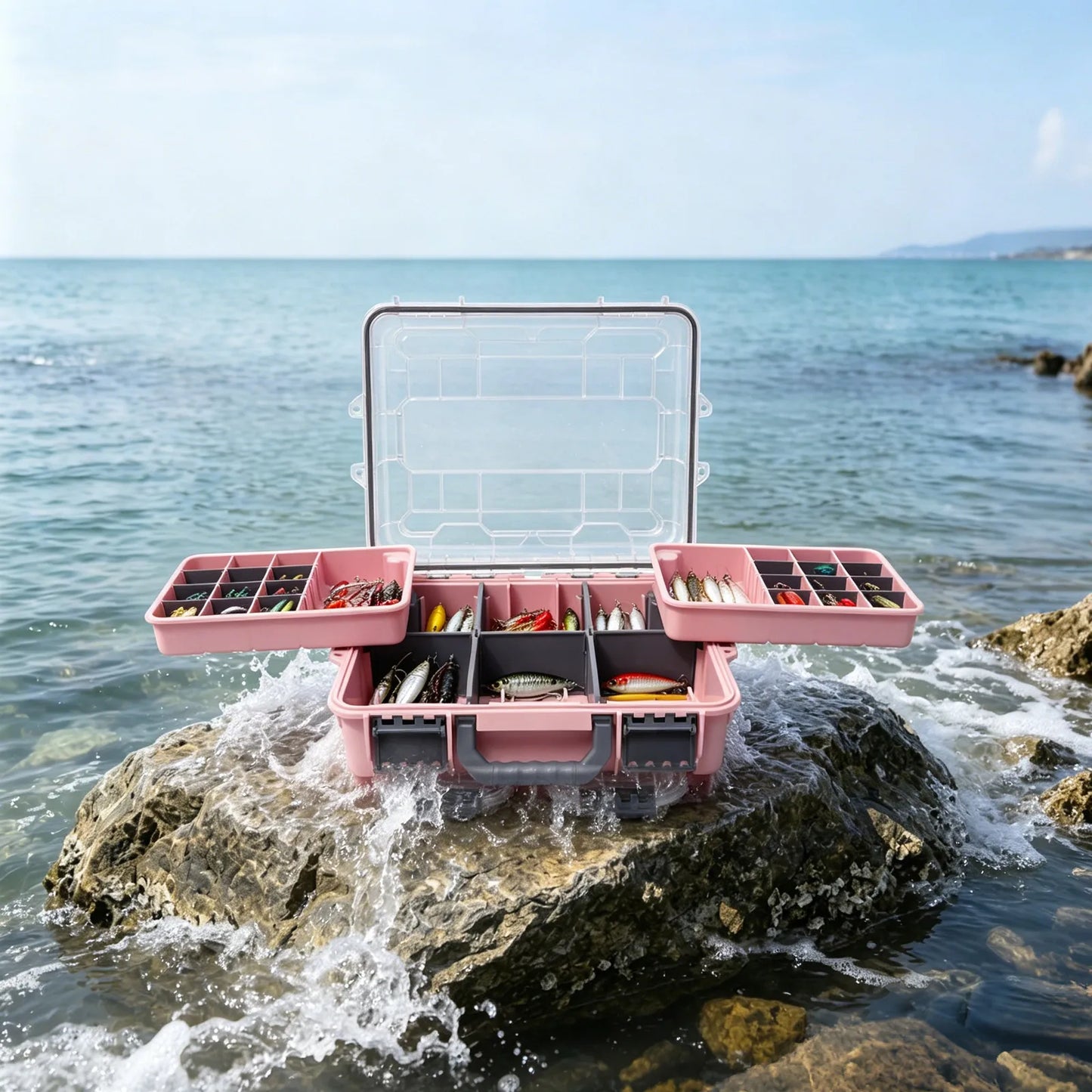 Fishing Tackle Box Small Tackle Storage Box Large Capacity Pink Multi-layer Organizer Removable Slots DIY Tray Portable Lure Bait Hook Line Container Double Lock Secure Thickened PP Waterproof Durable Outdoor Case for Fishing
