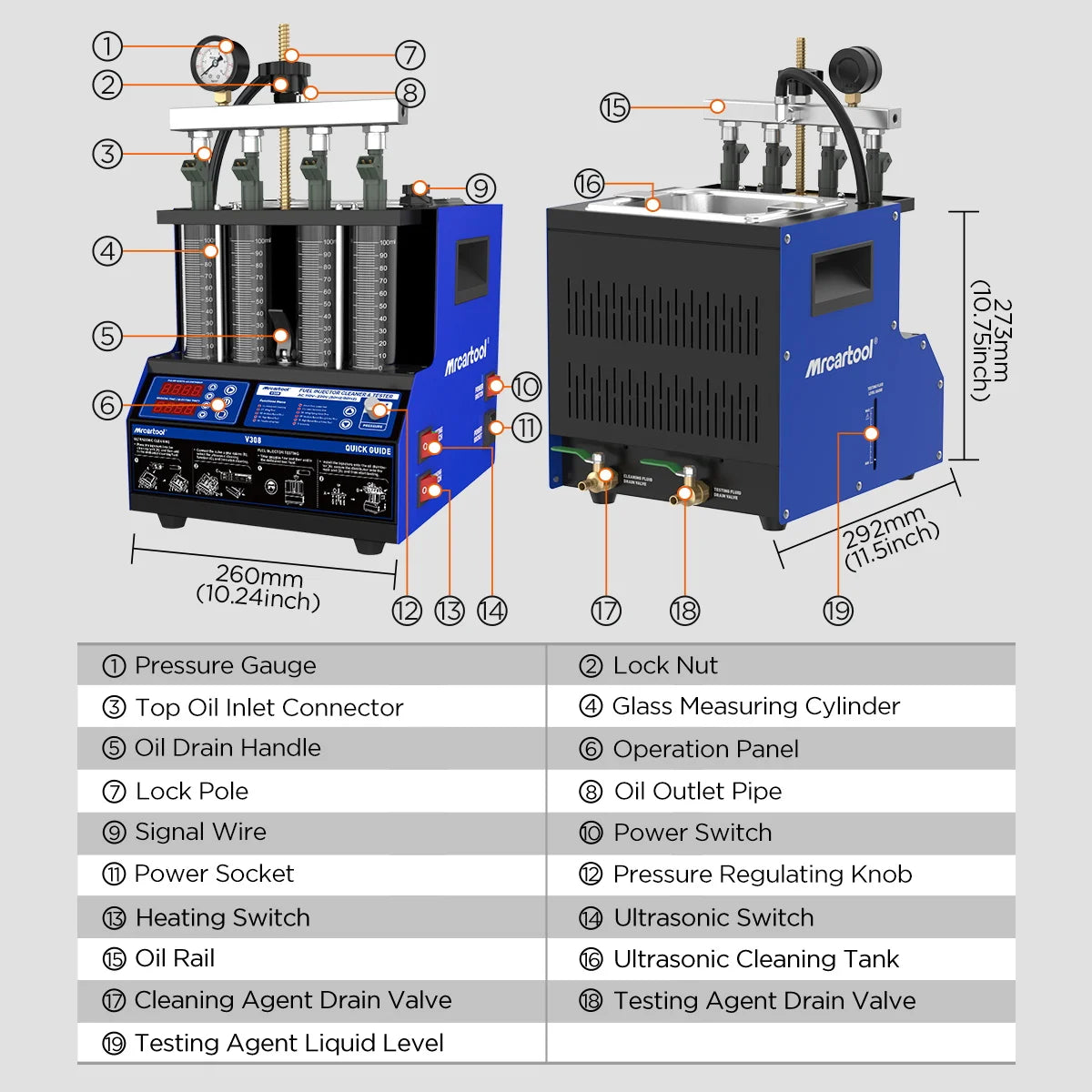 MR CARTOOL V308 4 Cylinders Ultrasonic Cleaning Car Fuel Injector Cleaner&Tester Fuel Injector Cleaner Tester 220V/110V