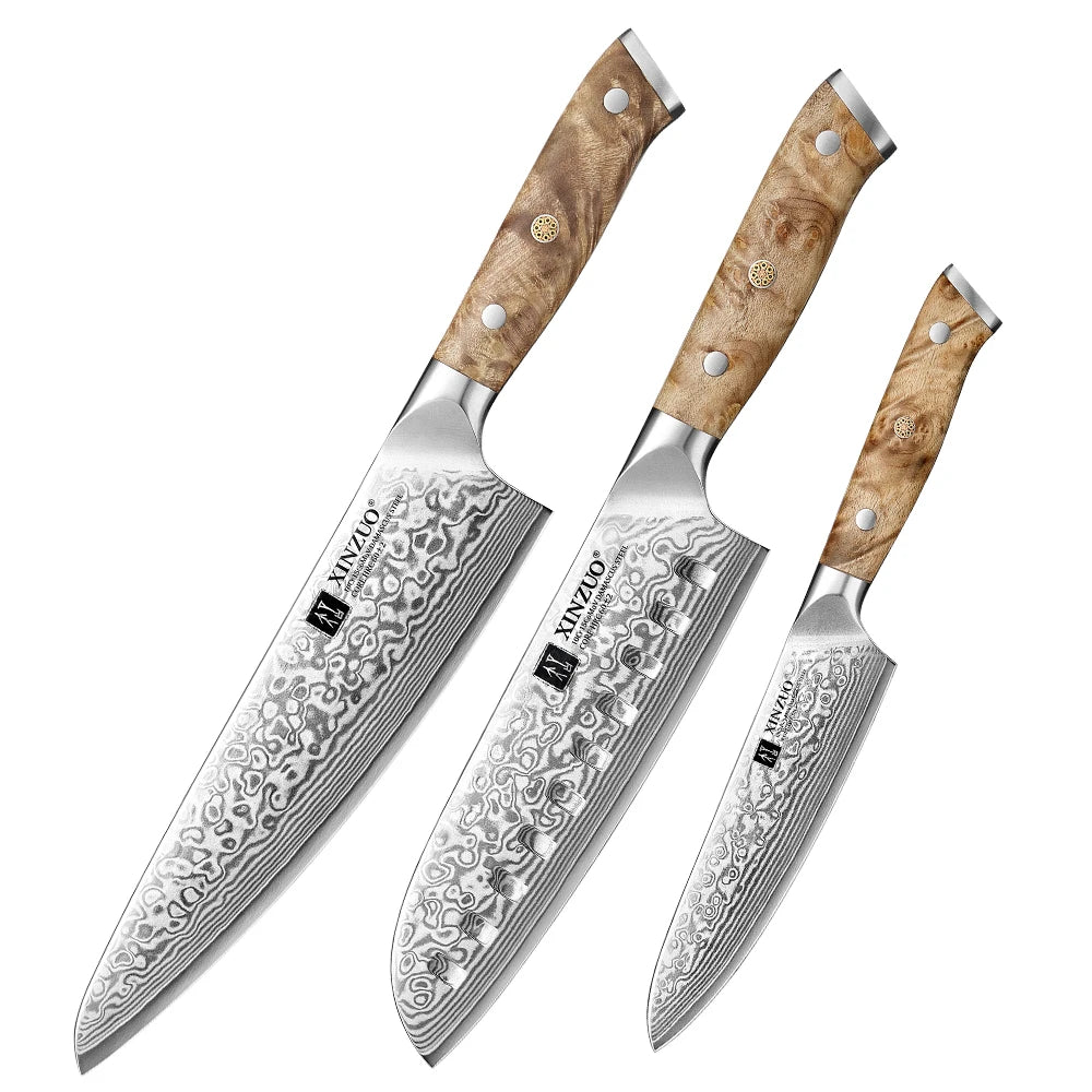 XINZUO 1-3PCS Damascus Steel Knife Set Chef Santoku Utility Knives 67 Layers Super Steel Figured Sycamore Brass Rivets 60HRC