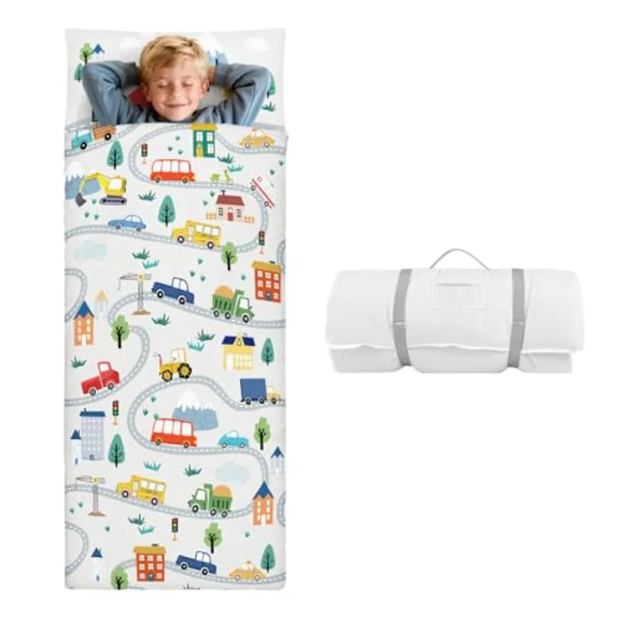 Sleeping Bag Toddler Nap Mat with Removable Pillow Large Foldable Sleeping Bag for Girls Boys Easy Clean Slumber Bag with Doubl
