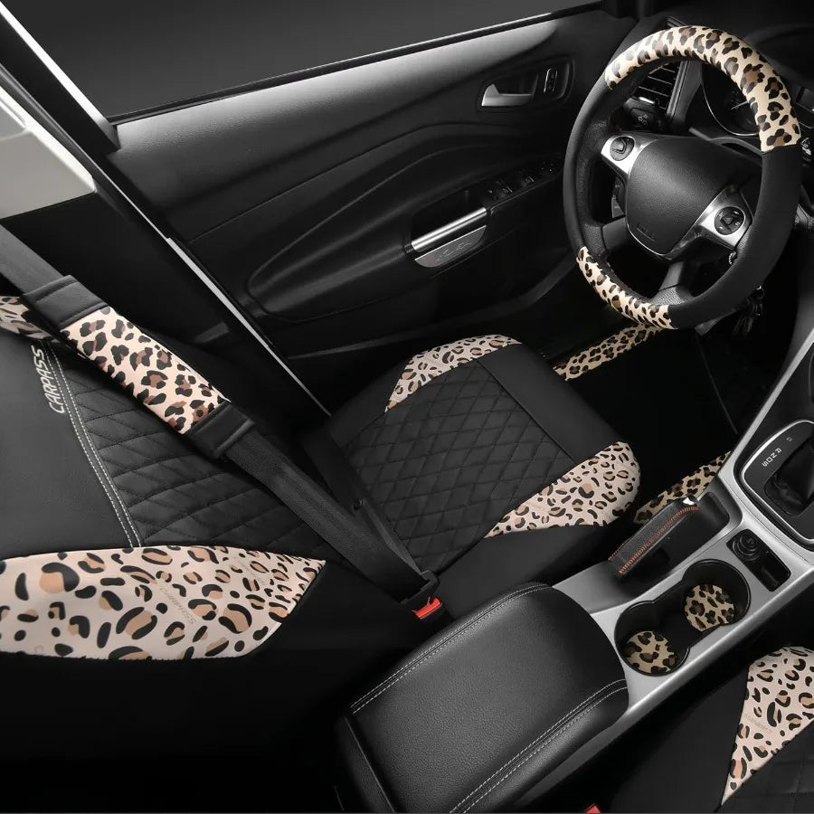 Leopard Print Faux Leather Car Seat Covers Car Mats Steering Wheel Cover and Seat Belt Pad Set with Universal Fit for SUVs Vans