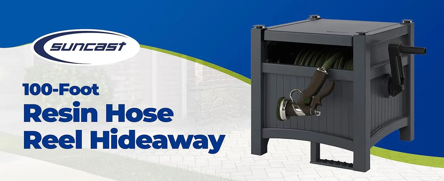 Suncast Cyberspace Grey Garden Hose Storage Reel Box Resin Outdoor Container Holds 100FT 5/8 Inch Water Line No Assembly Require