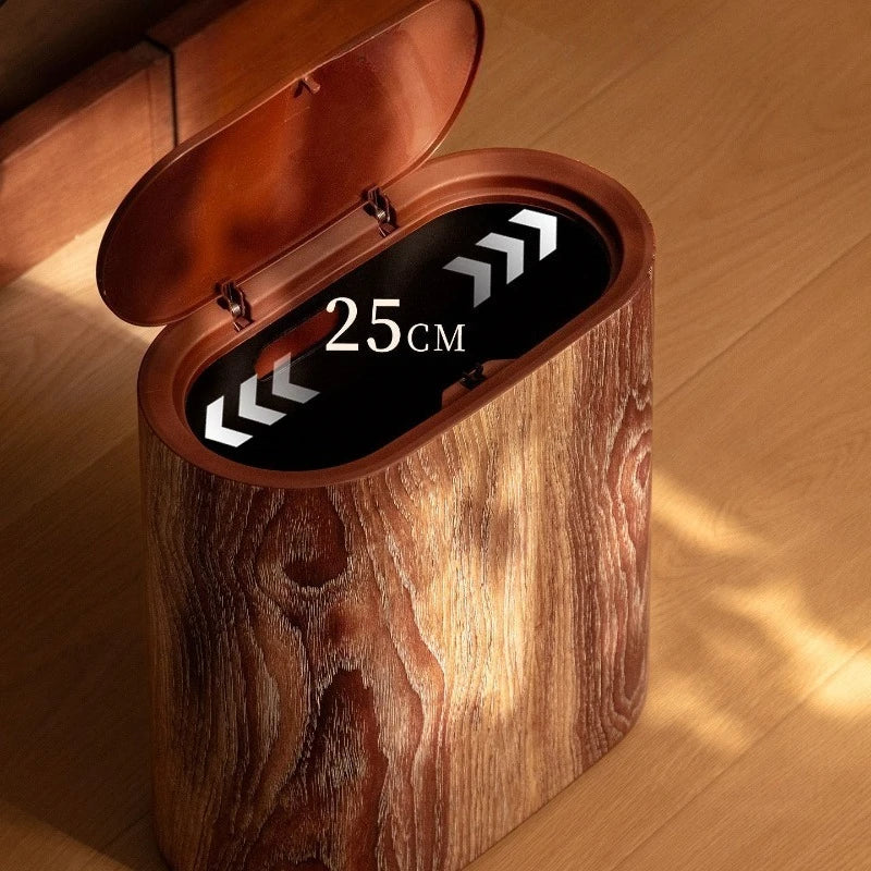 Wood Grain Trash Can with Lid Bathroom Litter Bins Large Capacity Wastebasket Living Room Toilet Retro Household Recycle Bin