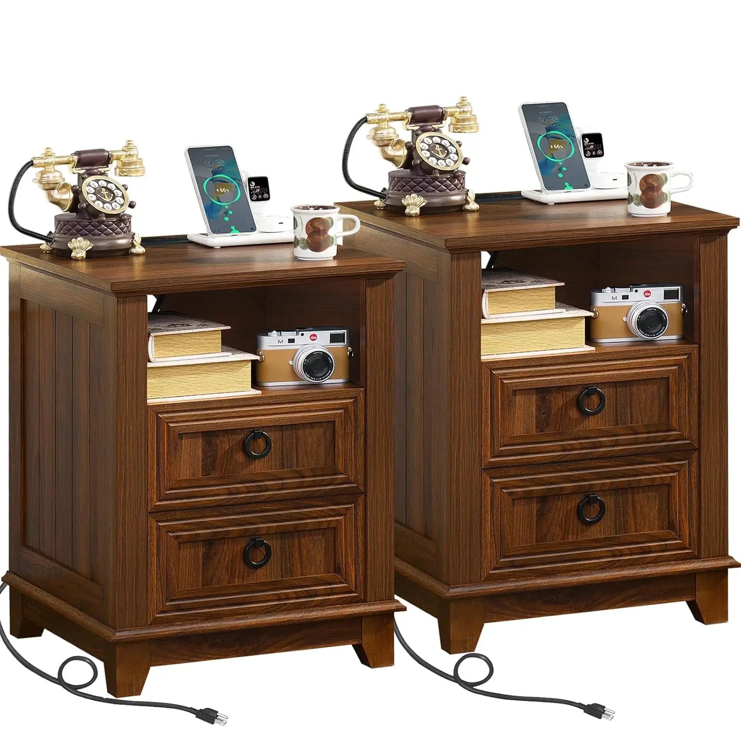 18" Farmhouse Night Stands Set of 2 with Charging Station, 2 Drawers End Table Dresser for Bedroom, Blue Wooden, Customized
