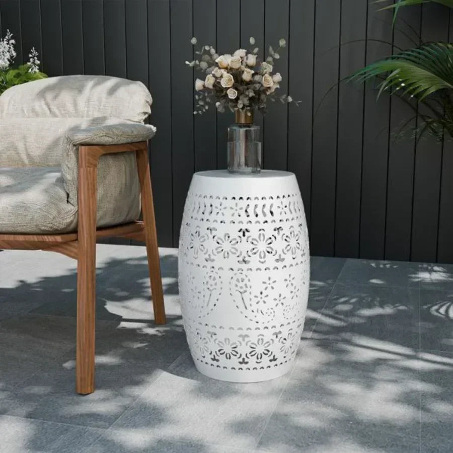 9.4 Steel Patio End Table Round Hollow Drum Side Table Accent Table for Indoor and Outdoor White