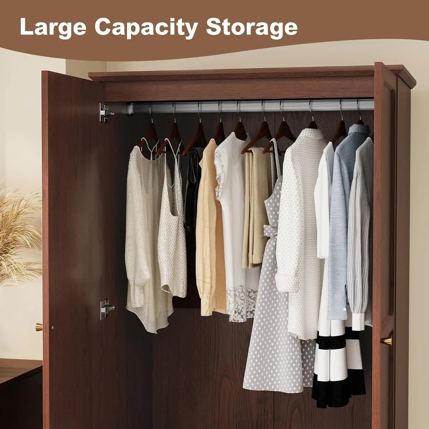 71" Mid-Century Armoire Wardrobe Closet Doors Drawers Wood Hanging Rod Bedroom Large Storage Custom