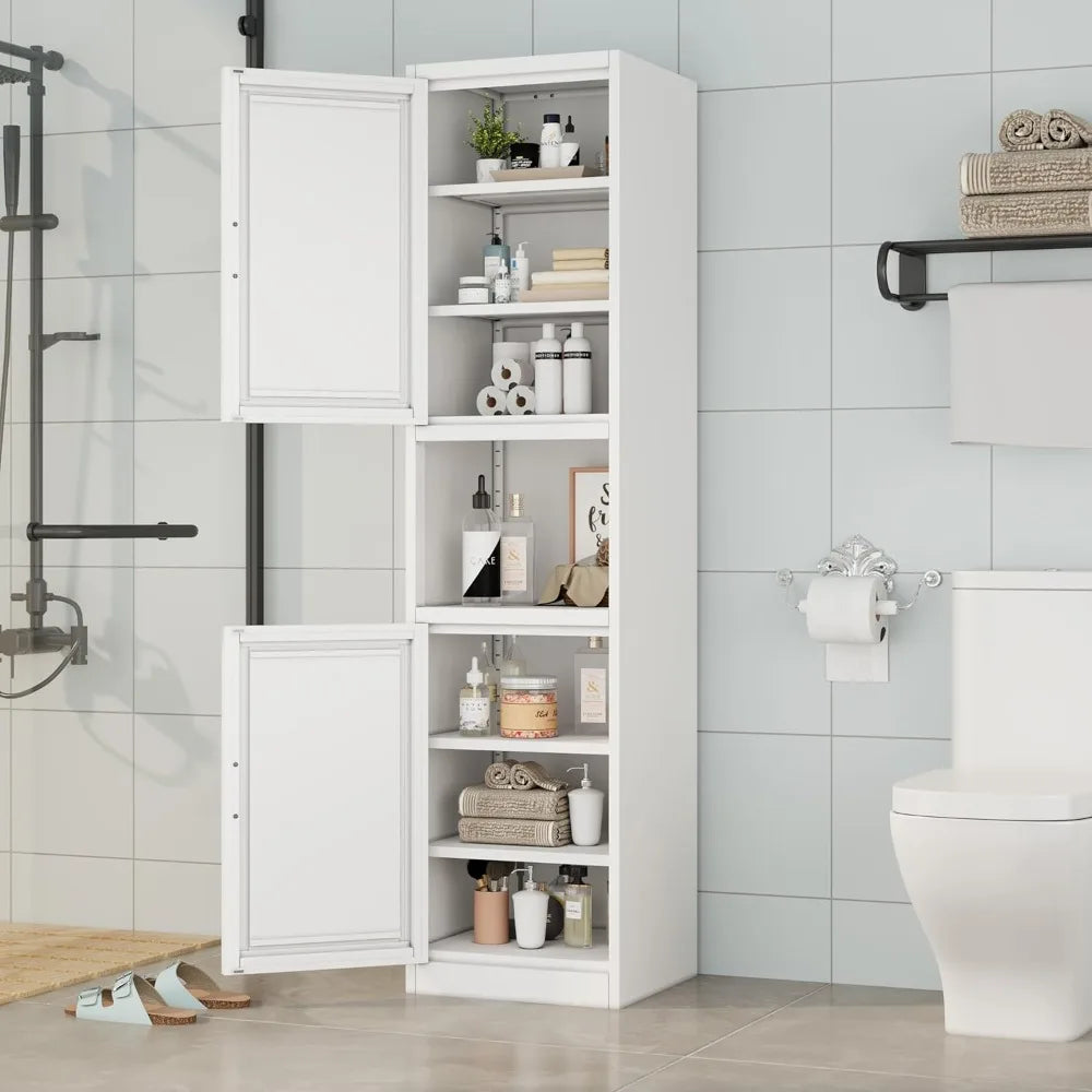 Tall Narrow Storage Cabinet with 4 Adjustable Shelves for Kitchen Bathroom Home Office Living Room Dining Room in White