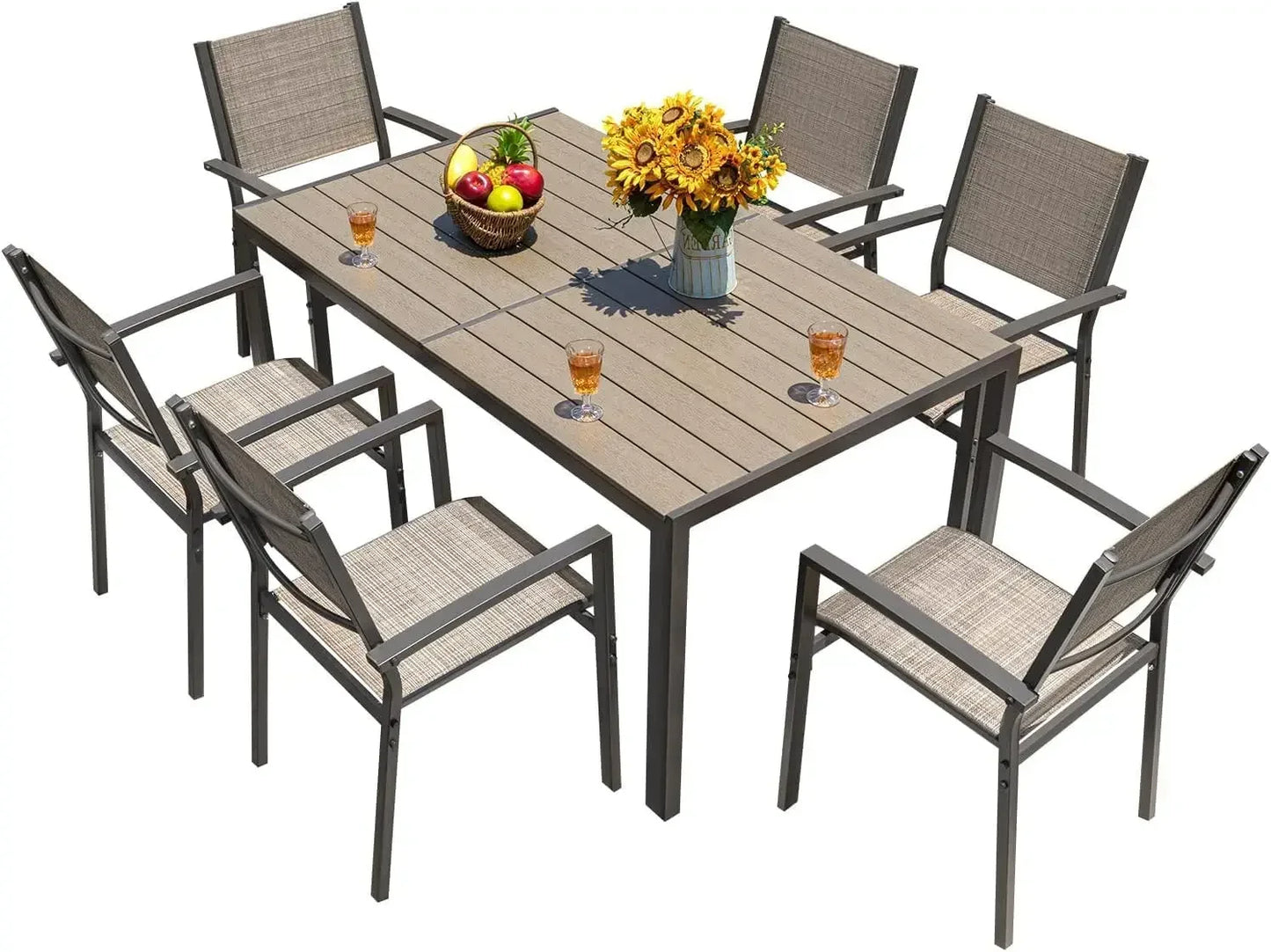 Patio Dining Set 7 Pieces Outdoor Furniture Large Table and 6 Textilene Chairs Brown
