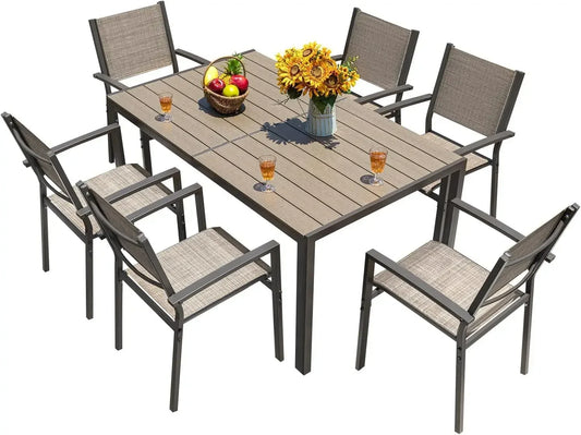 Patio Dining Set 7 Pieces Outdoor Furniture Large Table and 6 Textilene Chairs Brown