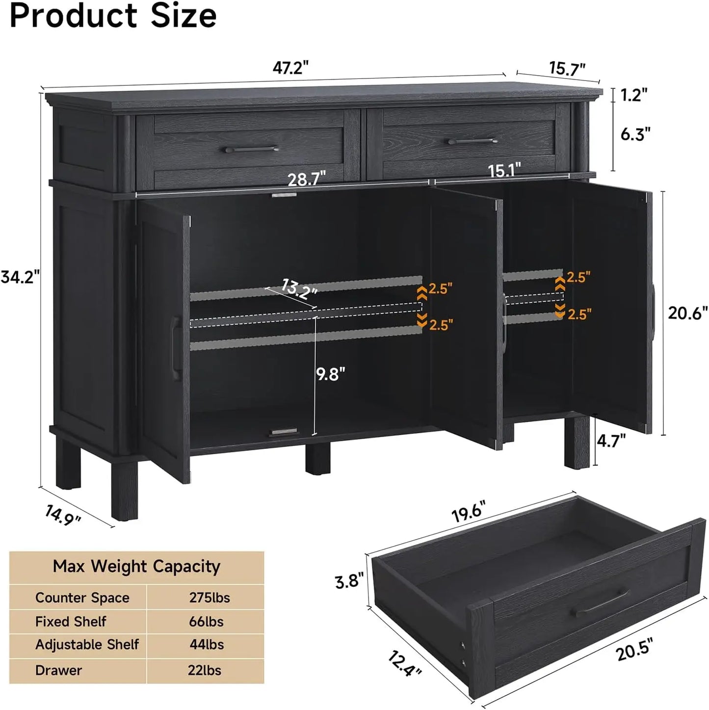 48 Inch Farmhouse Buffet Cabinet with 3 Doors & 2 Drawers, Wood Coffee Bar Storage Cabinet Adjustable Shelves for Kitchen Living Room