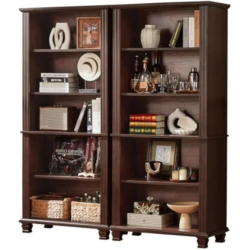 SAVOR LIFE 70" Tall Walnut Bookshelf,5 Tier Wooden Book Shelf with Adjustable Shelves & Wood Legs,Free Standing Farmhouse