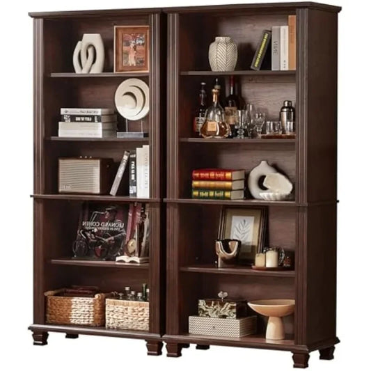 SAVOR LIFE 70" Tall Walnut Bookshelf,5 Tier Wooden Book Shelf with Adjustable Shelves & Wood Legs,Free Standing Farmhouse