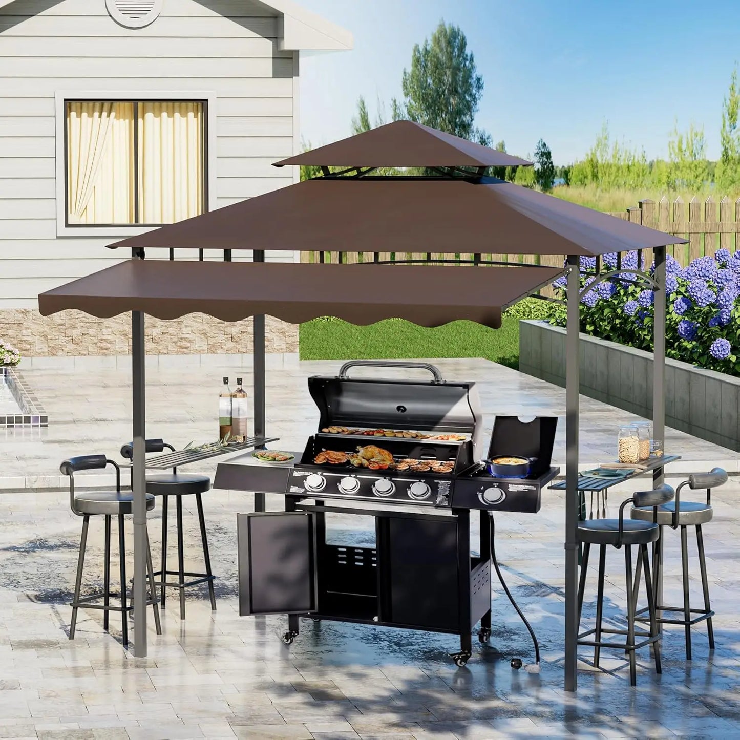 8x8x5 FT BBQ Grill Gazebo Outdoor, Double Tired Patio Canopy Tent with Side Awning Shelves, Barbecue Shelter with, Customized