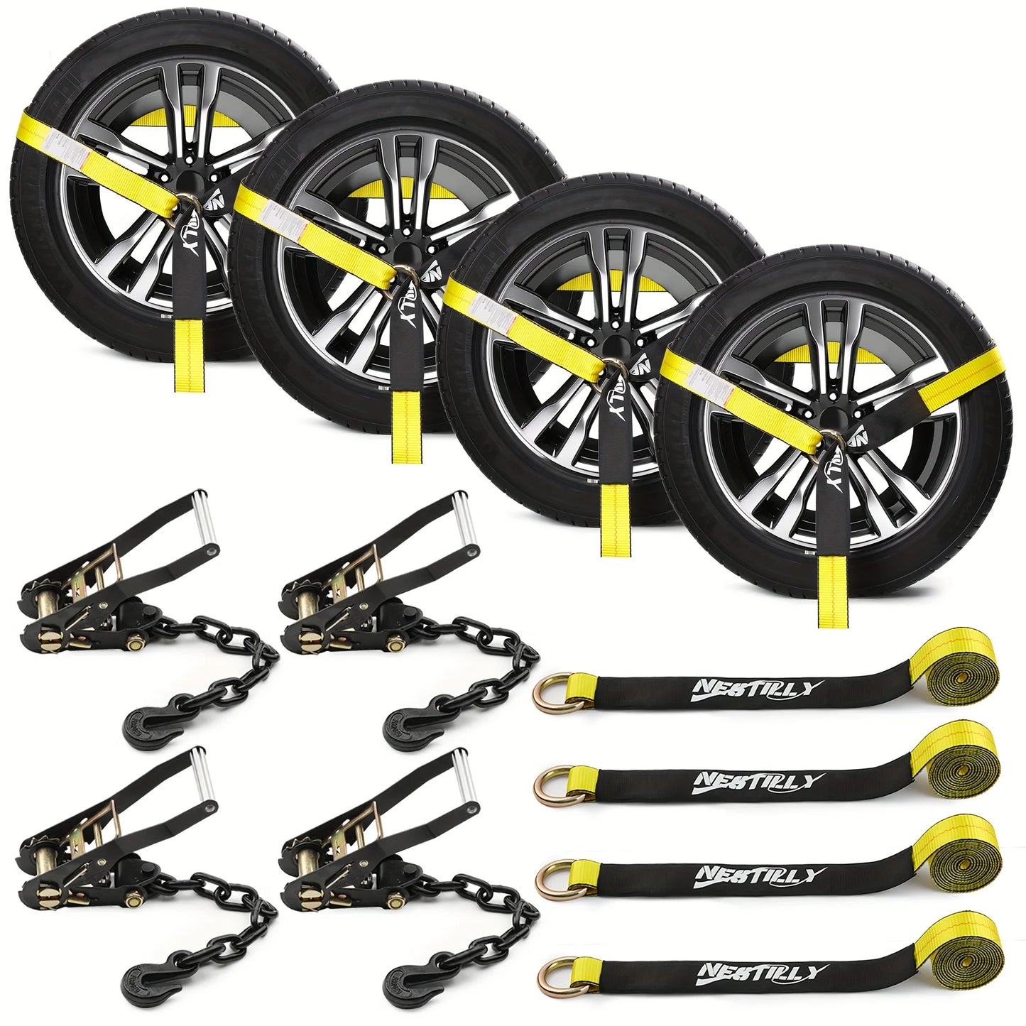 4 Pack Reflective Car Tie Down Straps For Trailers - Tire Ratchet Strap With Chain Anchors - 2" X 8' 9900LBS Break Strength - Lasso Style Wheel Straps For Hauling UTV, SUV, Truck