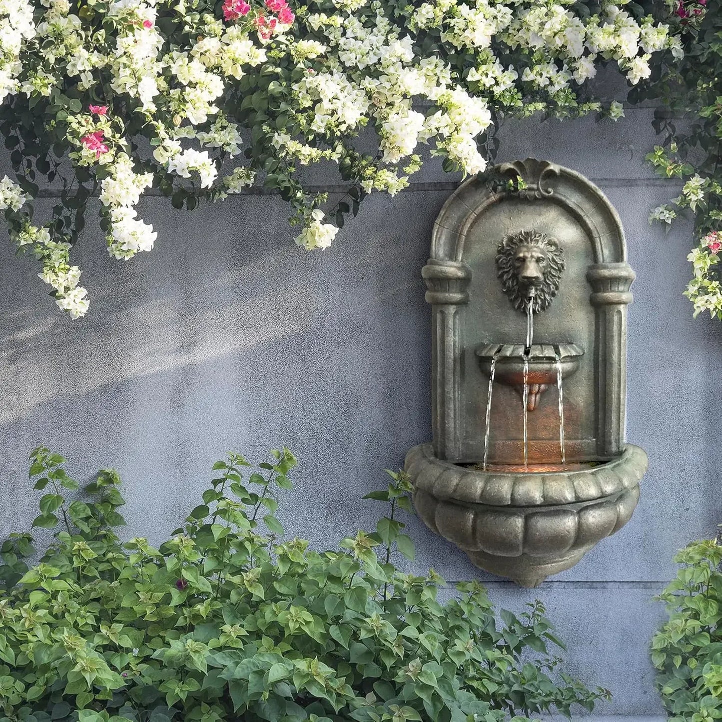 32.1 in. Wall-Mounted Lion Head Stone LED Outdoor Water Fountain for Gardens, Landscaping, Patios, Balconies, Lawns to Create a