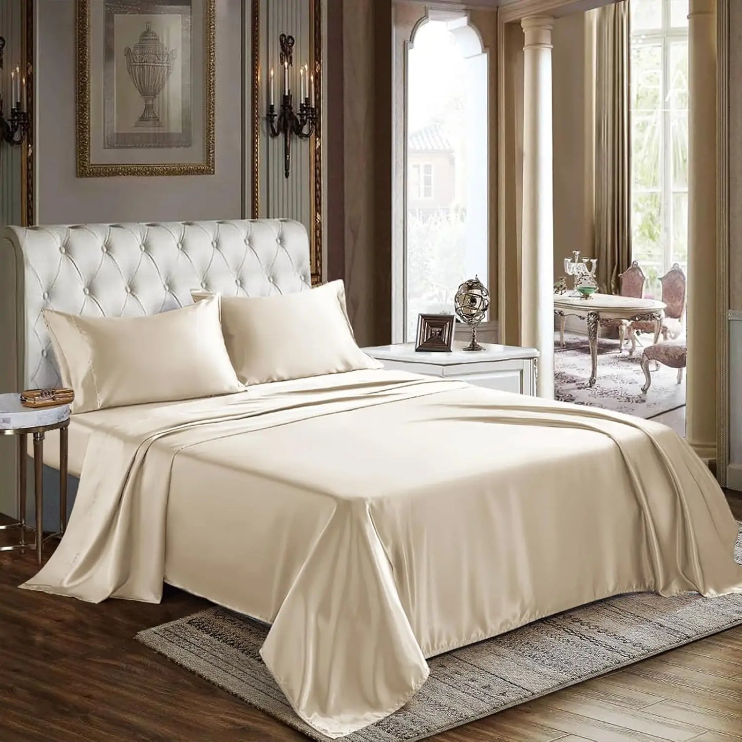 Satin Sheets Queen Size 4 Piece Bed Sheet Set with Silky Deep Pocket Fitted Sheet Flat Sheet and 2 Pillowcases