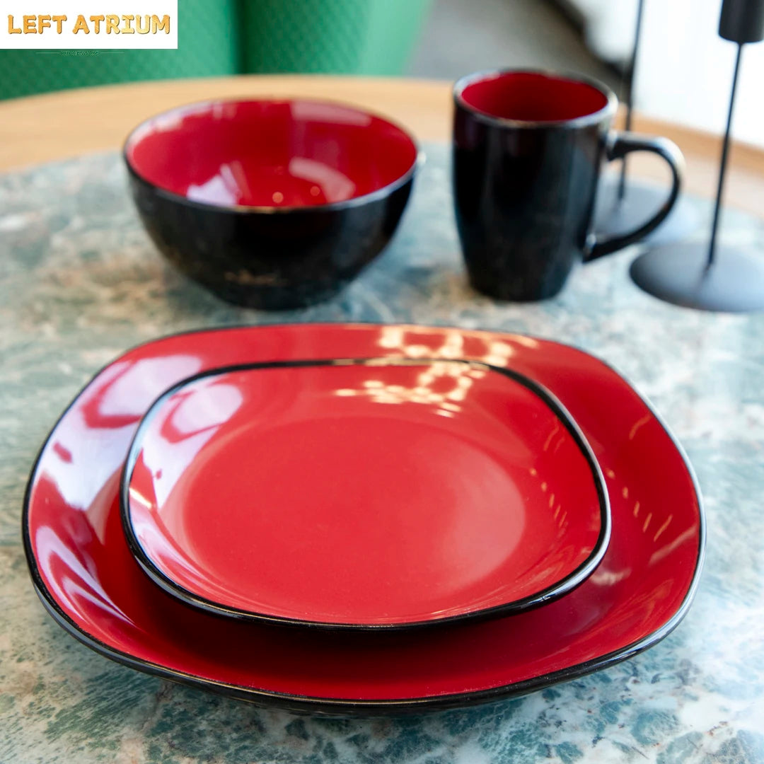 2025 Nordic Modern China Crokery Irregular 16 Pcs Glossy Red Black Modern Tableware Stoneware Ceramic Dinner Dinnerware Set