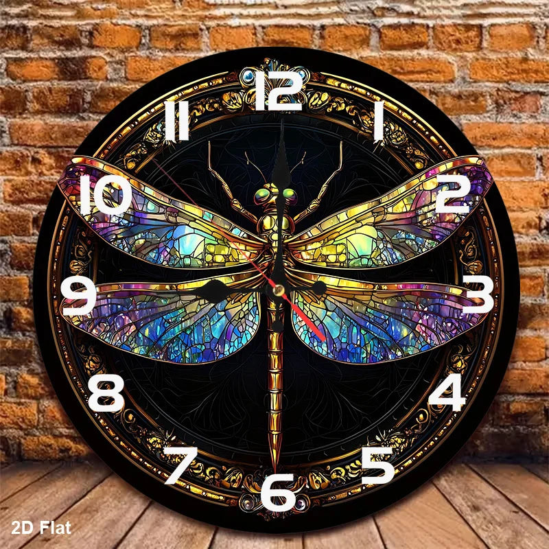 1pc 12-inch Stained Glass Dragonfly Wall Clock - Silent Non-Ticking Battery- Nursery Decor with Wood Frame, Pastel Colors Suitab