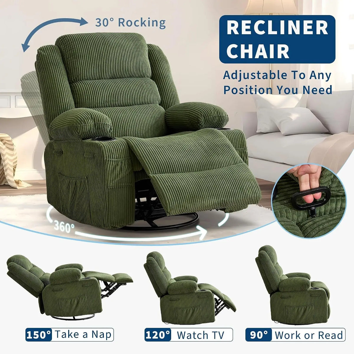 Modern Swivel Rocker Recliner Chair With Adjustable Headrest