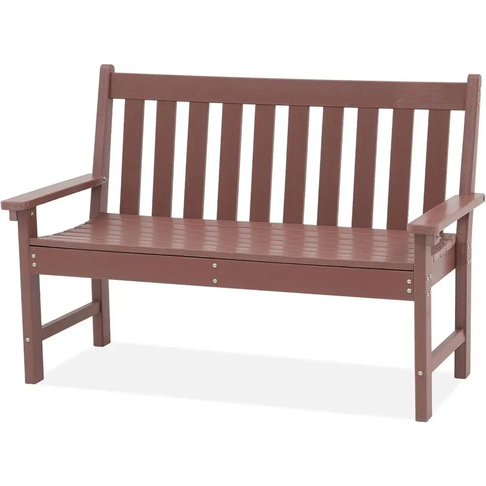 Weather-Resistant HDPE 2-Person Patio Bench with Wood Grain, Suitable for Lawn, Park, Backyard, and Entryway in Brown