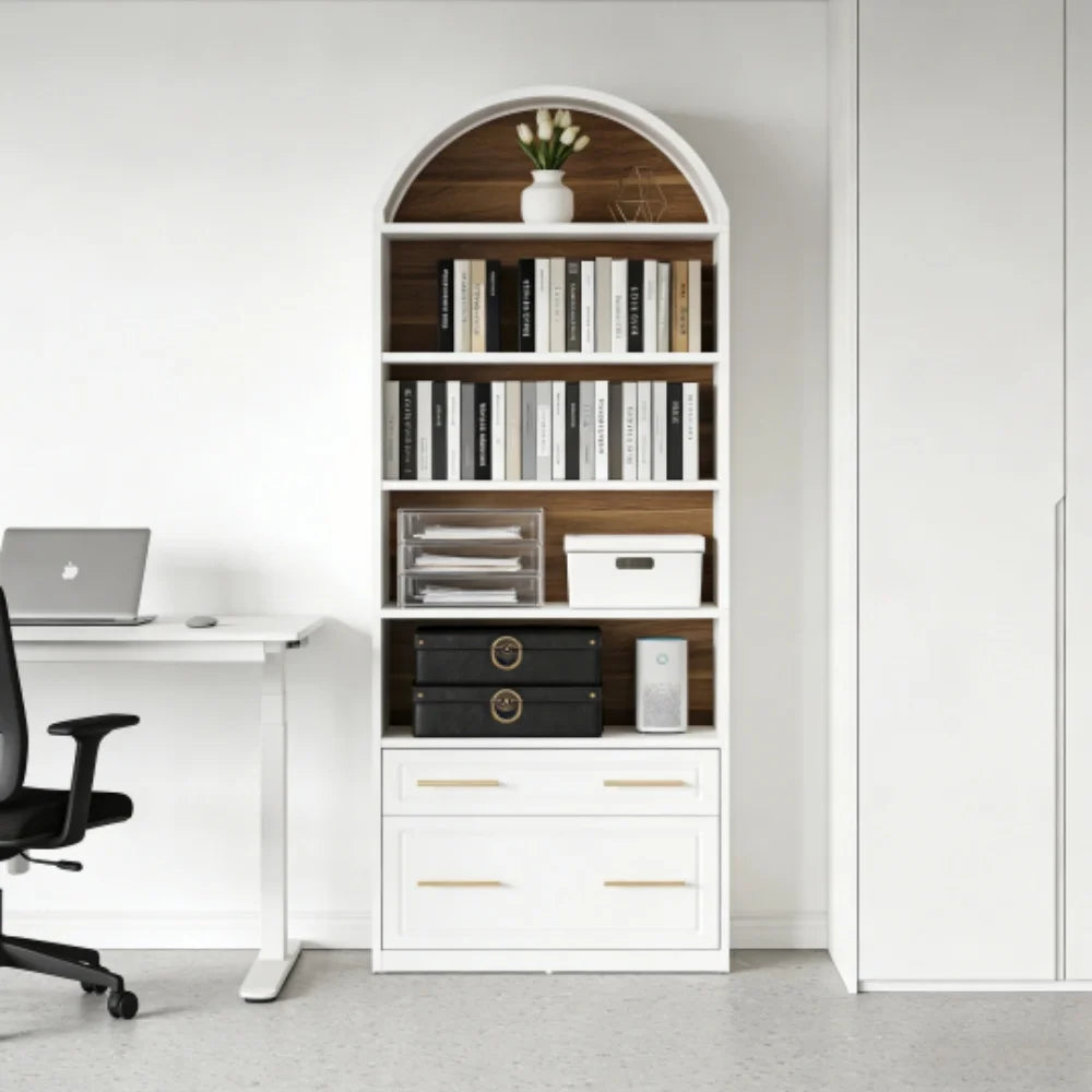 l Arched Bookcase Set of 2, 5-Tier Bookshelf with File Cabinet Drawer, Modern Freestanding Wooden, Customized