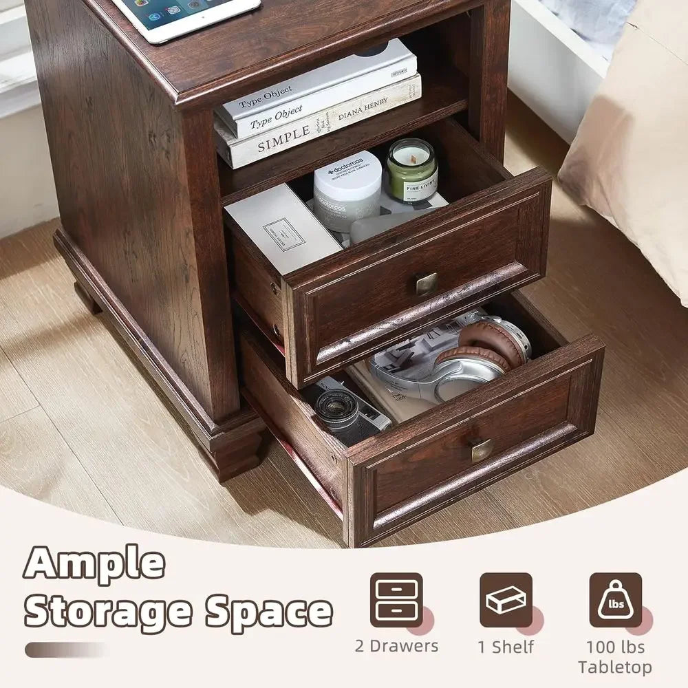 armhouse Nightstand Set o 2 with Charging Station, Rustic Brown Nightstand, 2 Ders End Table, Bede Table with Open Shel or Bedro
