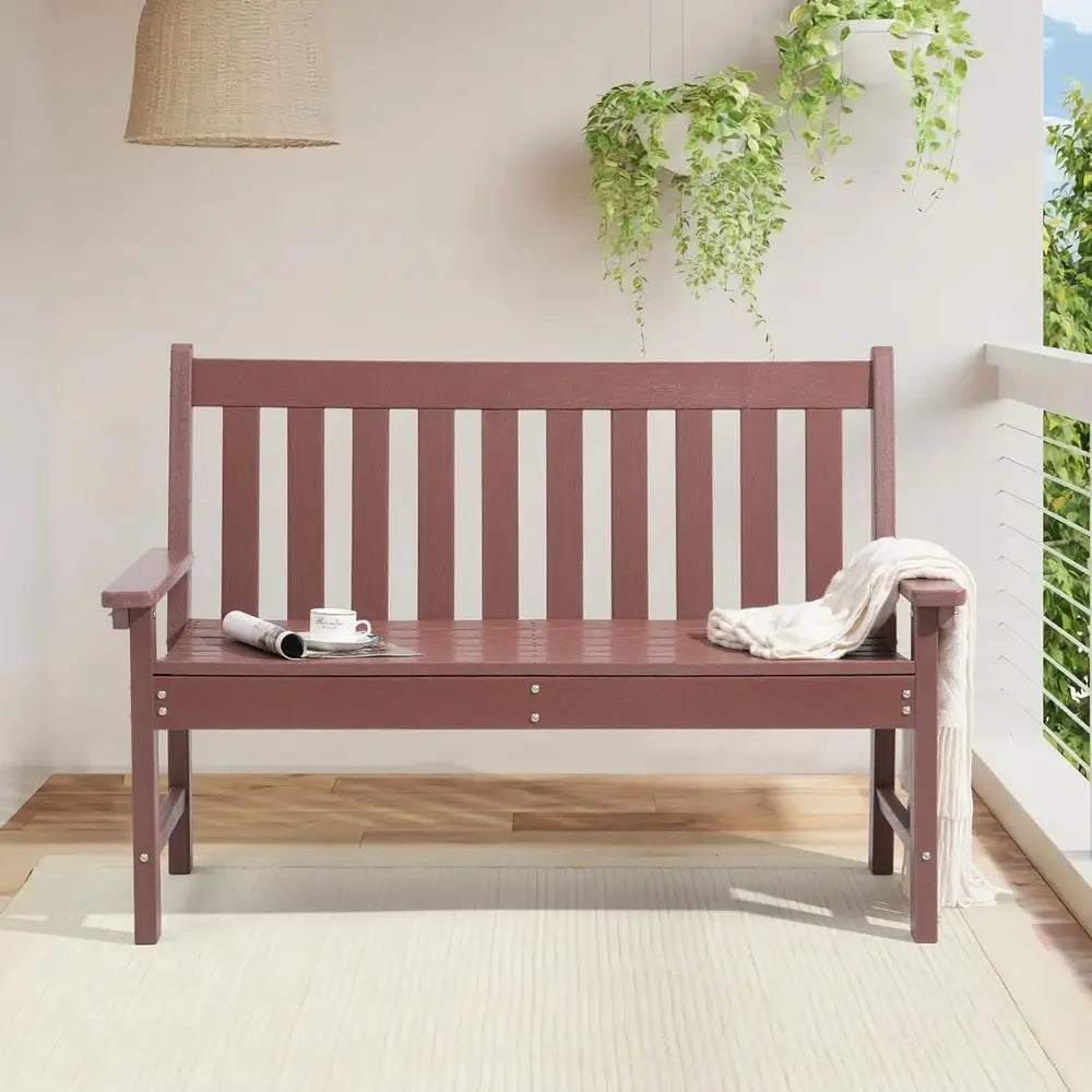 Weather-Resistant HDPE 2-Person Patio Bench with Wood Grain, Suitable for Lawn, Park, Backyard, and Entryway in Brown