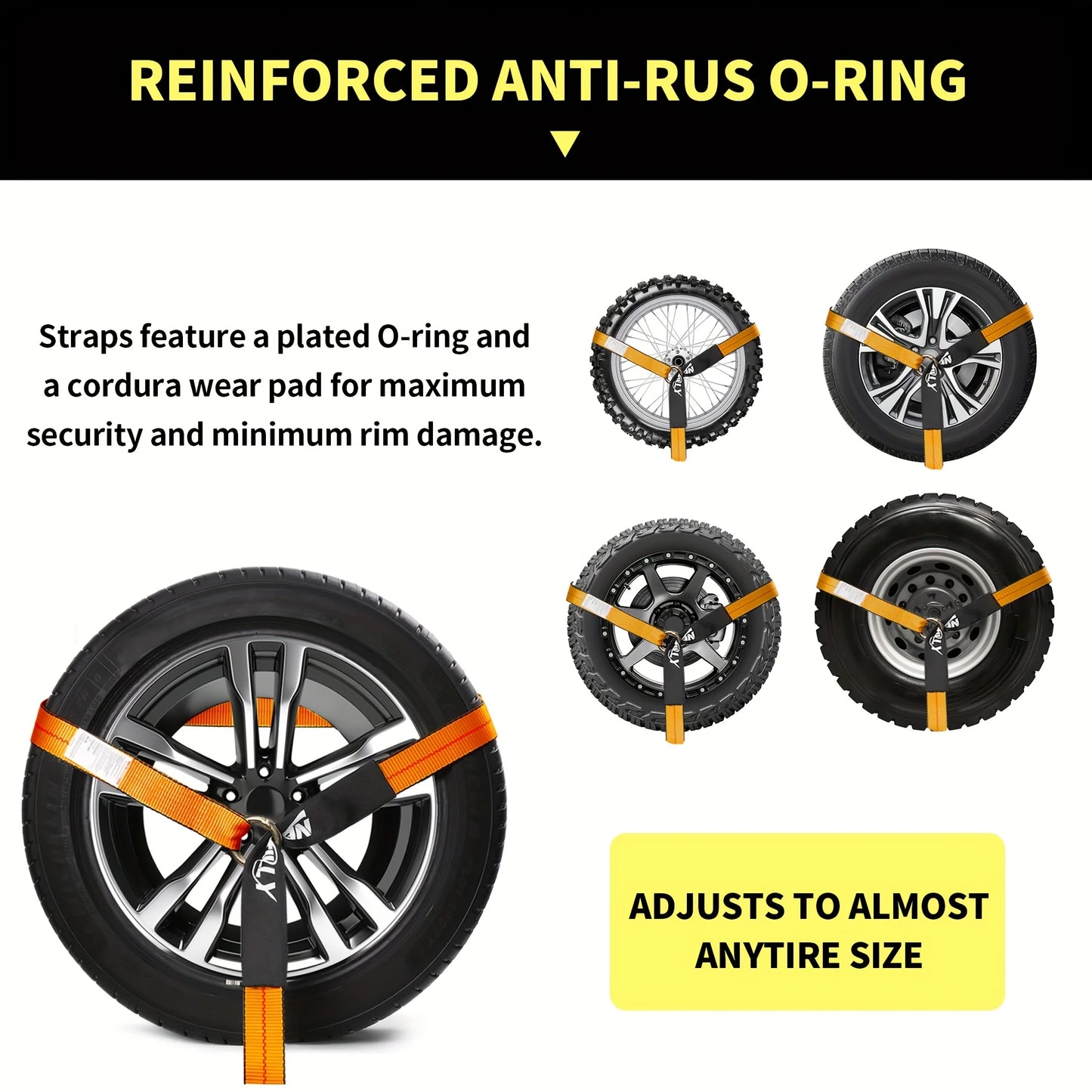 4 Pack Reflective Car Tie Down Straps For Trailers - Tire Ratchet Strap With Chain Anchors - 2" X 8' 9900LBS Break Strength - Lasso Style Wheel Straps For Hauling UTV, SUV, Truck