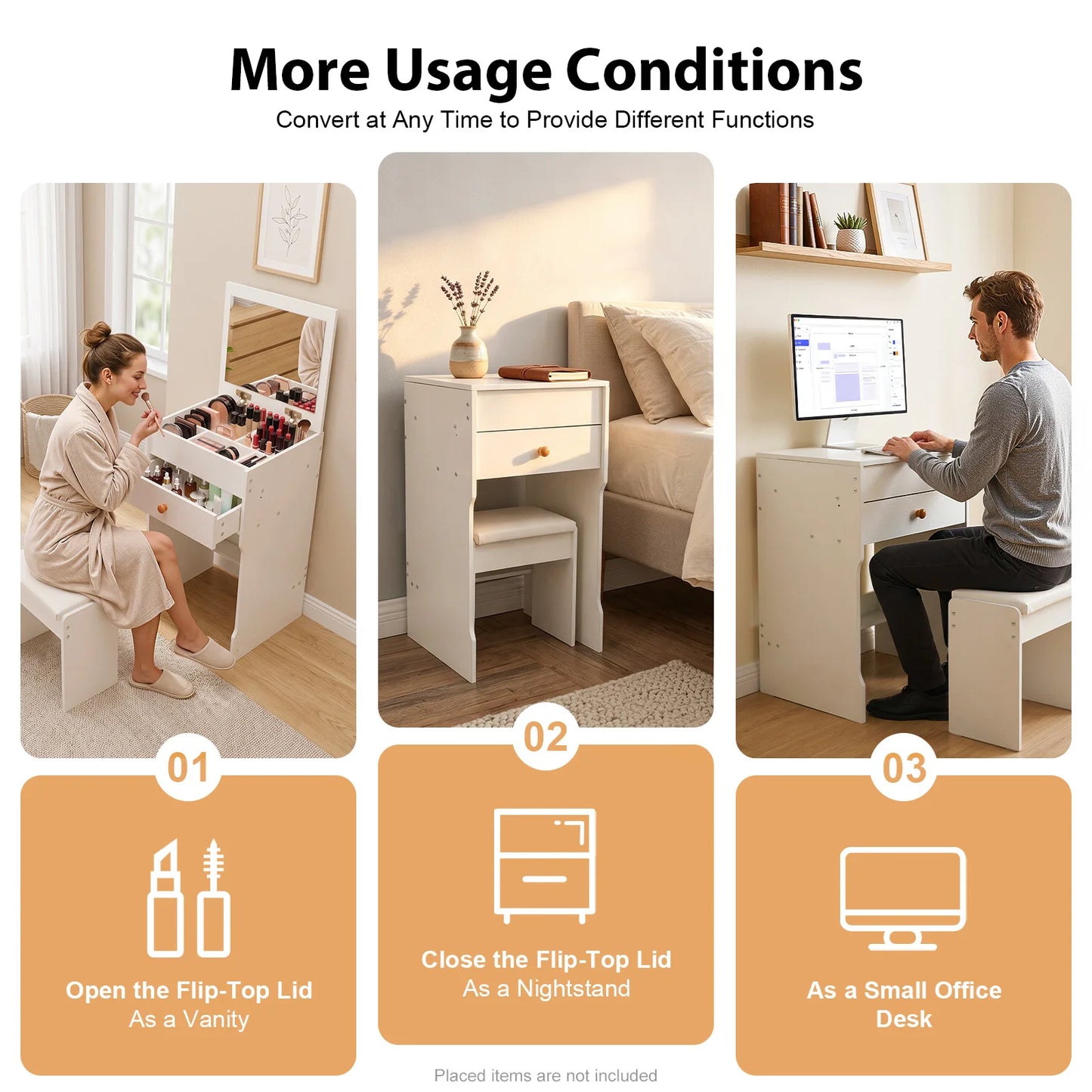 Vanity Dressing Table with Mirror and Stool 15.8" White Compact Storage Desk for Bedroom Dormitory Studio Apartment