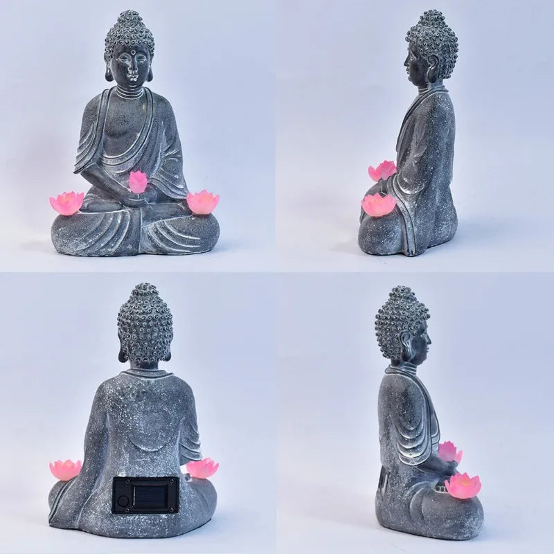 Buddha Figurines, Chinese-style Zen Garden Statues Solar-powered Garden Lights Horticultural Landscape Decorations Resin