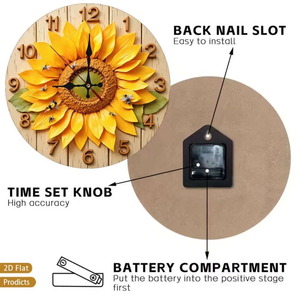 1pc 12-inch Large Sunflower & Bees Wall Clock - Silent Non-Ticking Nursery Room Decor with Wood Frame, Flower Foliage Design, Ba