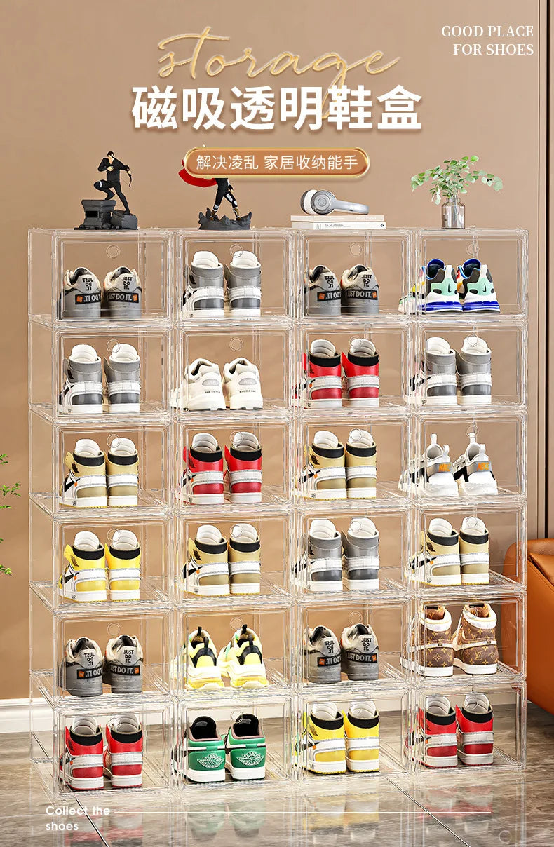 Large AJ Sneaker Organizer Box Thickened Transparent Shoe Box with Magnetic Closure Stackable Multi-Layer Shoe Storage Organizer