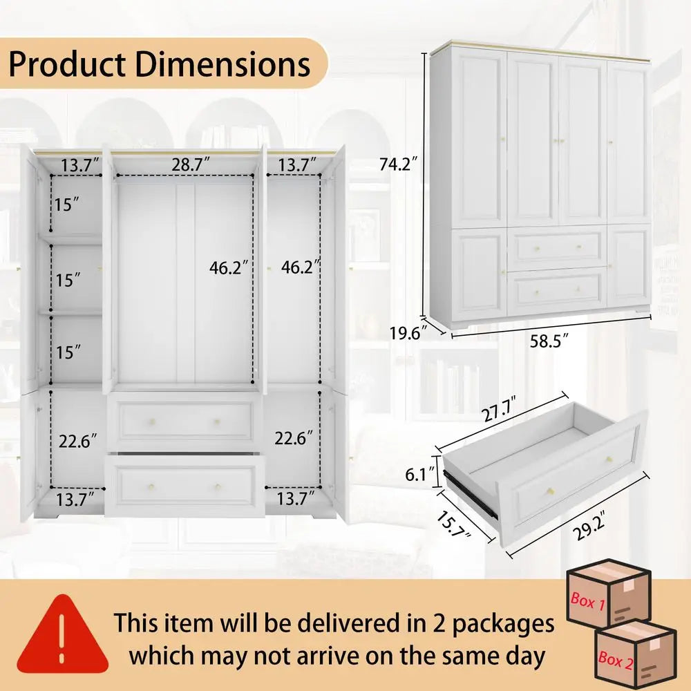 Armoire Wardrobe Closet with Drawers White Wardrobe Closet for Hanging Clothes, Large Wardrobes Storage Closets, Wood Closets C