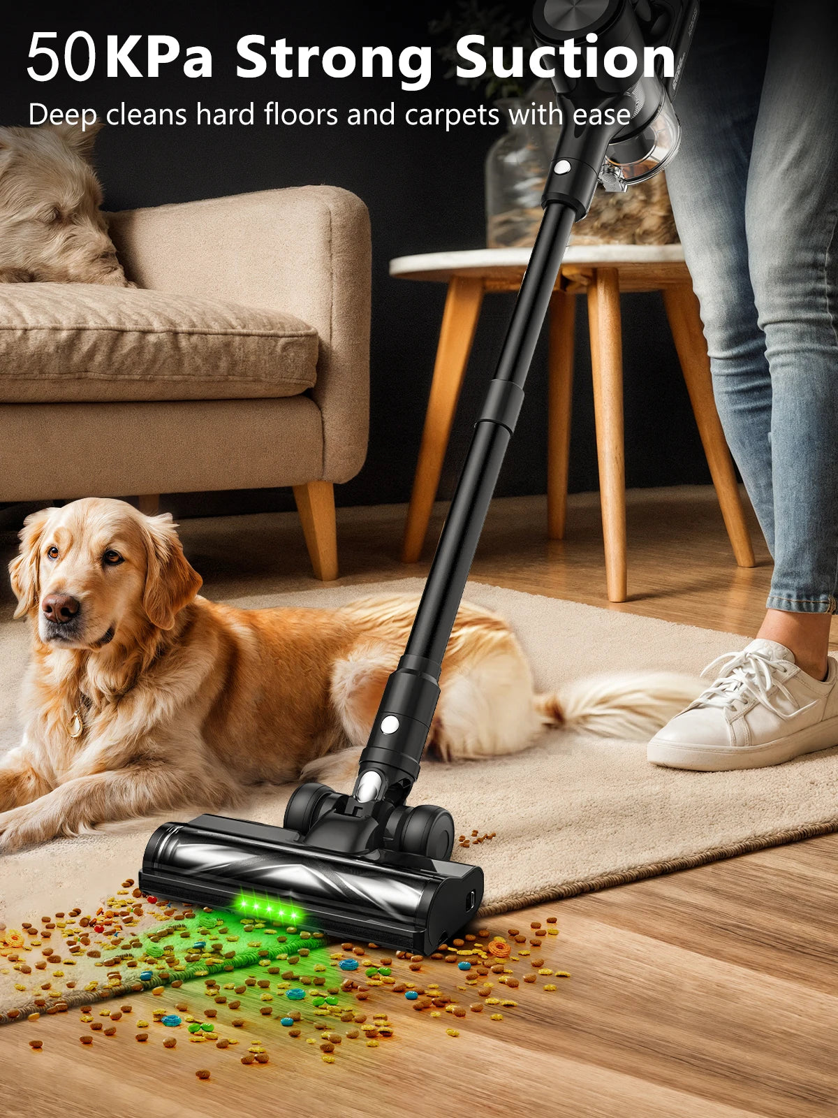 Cordless Vacuum Cleaner, 50Kpa/55min Self-Standing Powerful Stick Lightweight Vacuum Cleaner for Home Pet Hair/Hard Floor/Carpet